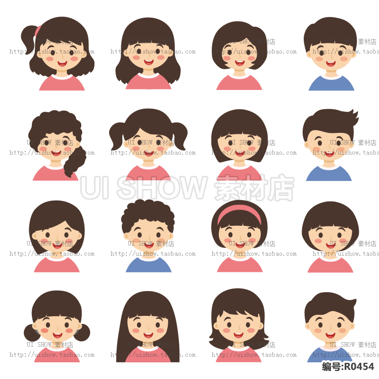 卡通可爱儿童孩子男女不同发型风格头像表情人物UI设计矢量素材