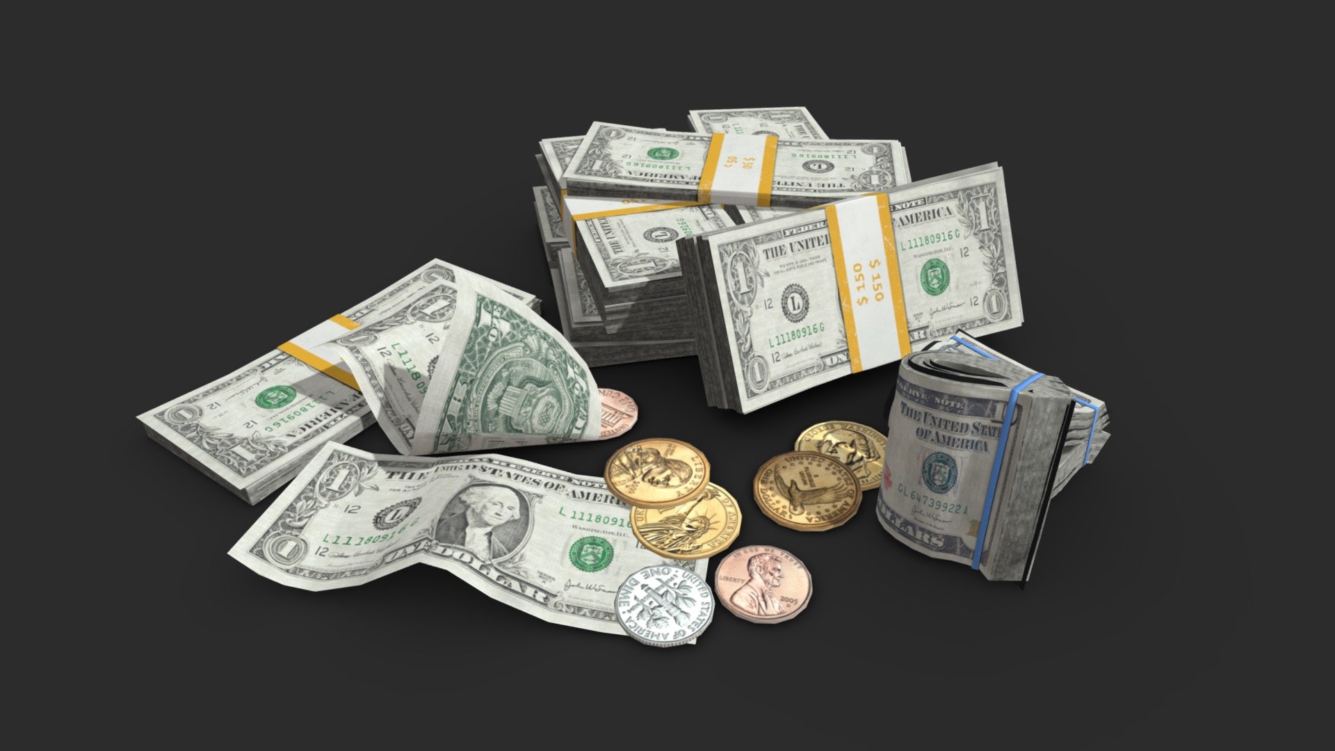 美元美金纸币dollar钞票3D模型现金硬币钱币货币/Blender/UE/fbx