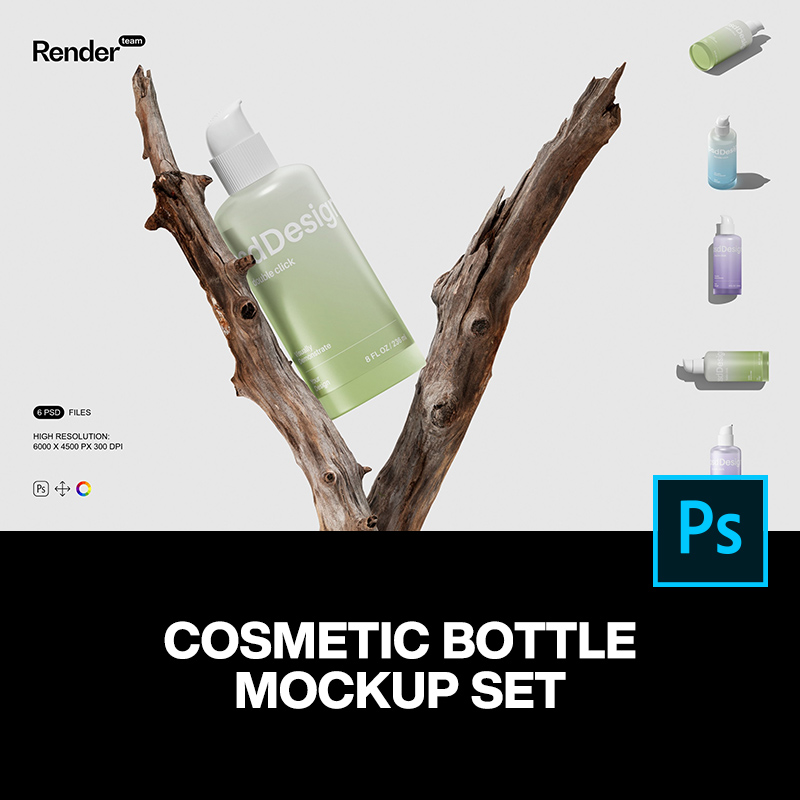 6款美妆爽肤水护理液化妆品瓶子包装设计ps样机素材展示效果图
