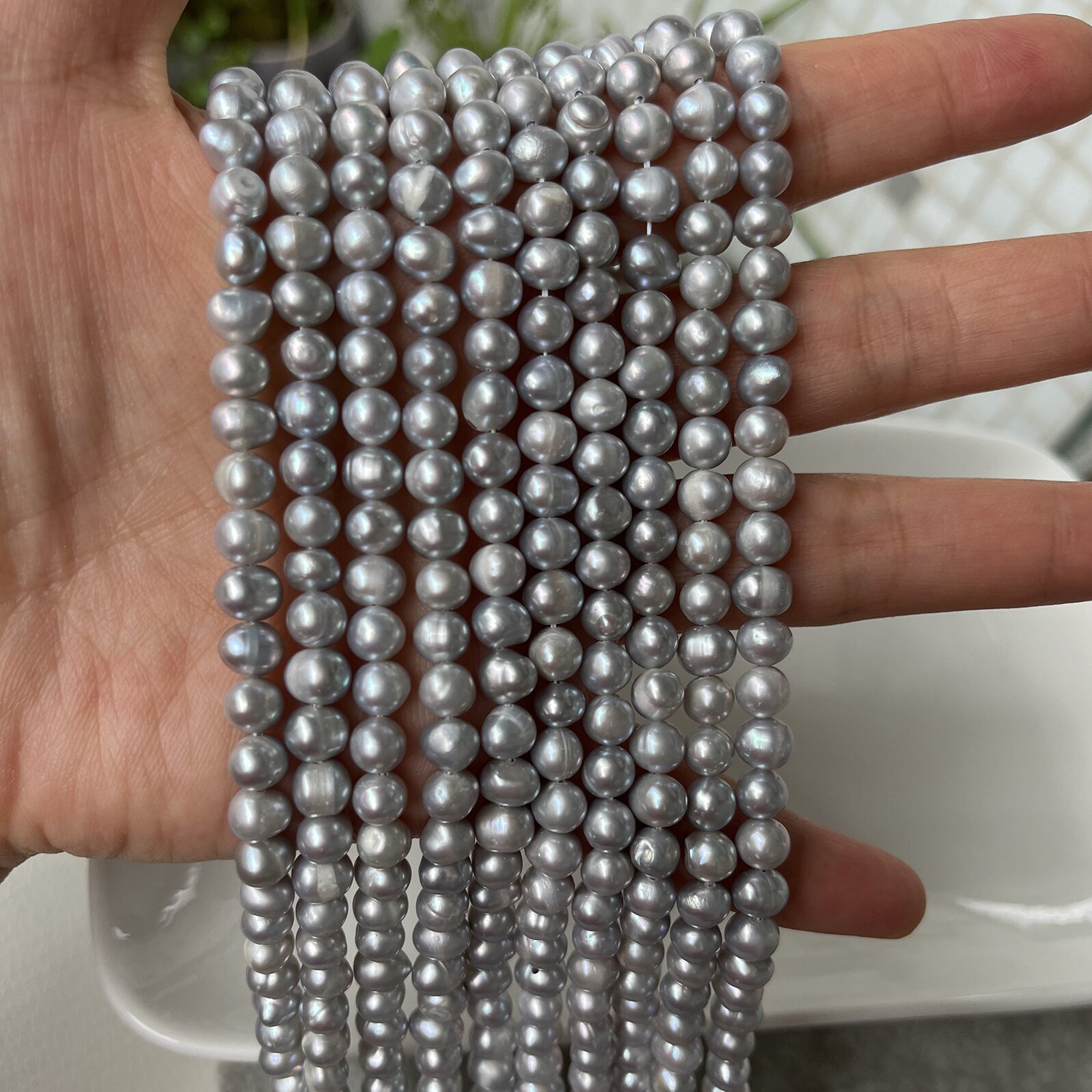 5-6mm灰色有生长纹淡水珍珠项链半成品