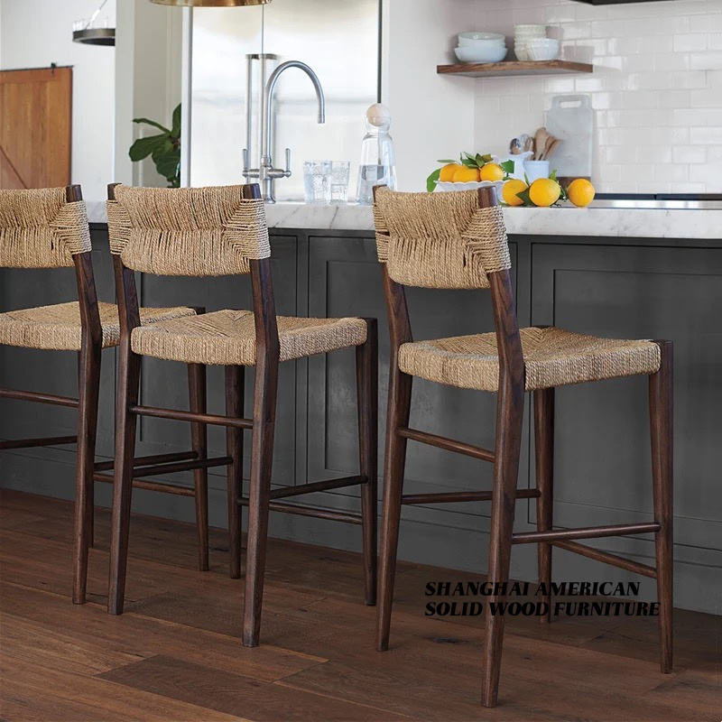 北欧风格实木轻奢酒吧椅现代简约家用吧台高脚凳复古编绳餐桌椅子