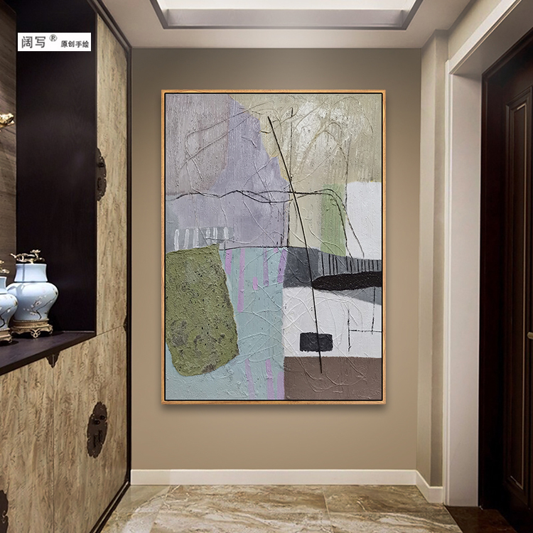 纯手绘北欧现代简约客厅玄关抽象点线面创意立体装饰油画竖款挂画