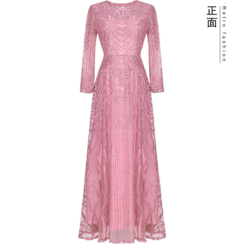 【月夜繁星】金丝线重工蕾丝刺绣连衣裙礼服高贵粉色收腰长款秋新