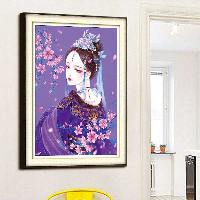 KS色系2022新款客厅卧室卡通动漫画紫衣美女人物竖满绣印花十字绣