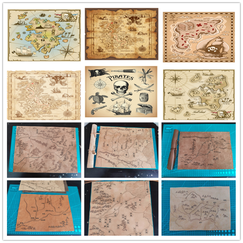 复古儿童摄影羊皮卷藏宝图航海海盗线路图古代地图羊皮卷影视道具
