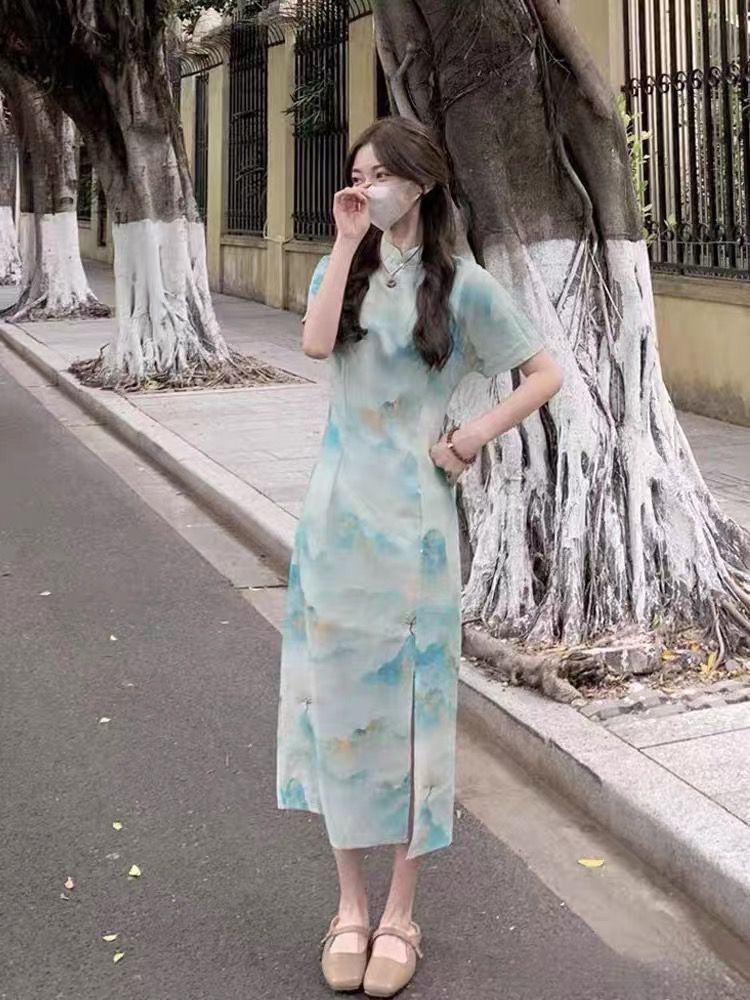 新中式国风改良旗袍连衣裙女气质名媛山水印画高腰修身包臀裙夏季