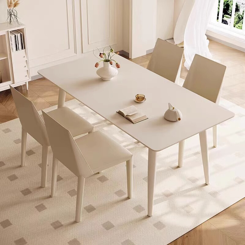 餐桌岩板家用轻奢简约现代小户型长方形白色奶油风餐厅饭桌椅组合