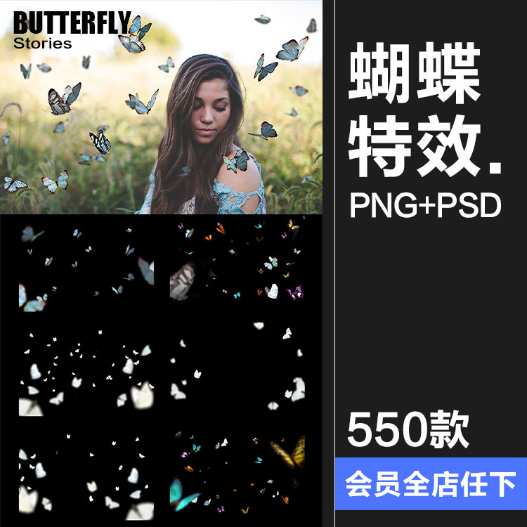 真实彩色蝴蝶飞舞满天特效照片叠层PNG免抠图后期合成PSD模板素材