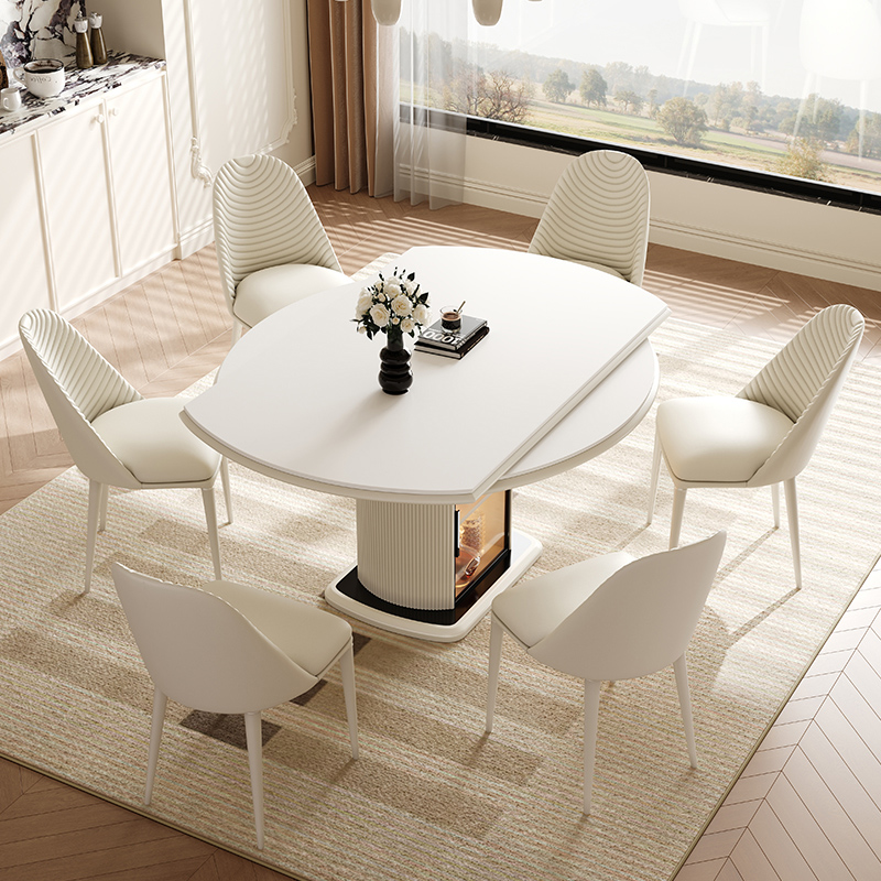 法式岩板餐桌可伸缩方变圆两用简约现代轻奢家用奶油小户型饭桌椅