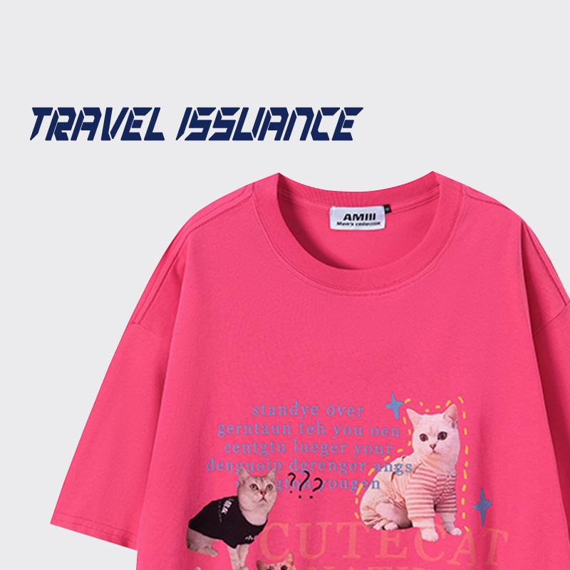 TRAVEL ISSUANCE 小猫疑问 欧美潮酷oversize猫咪印花宽松短袖T恤