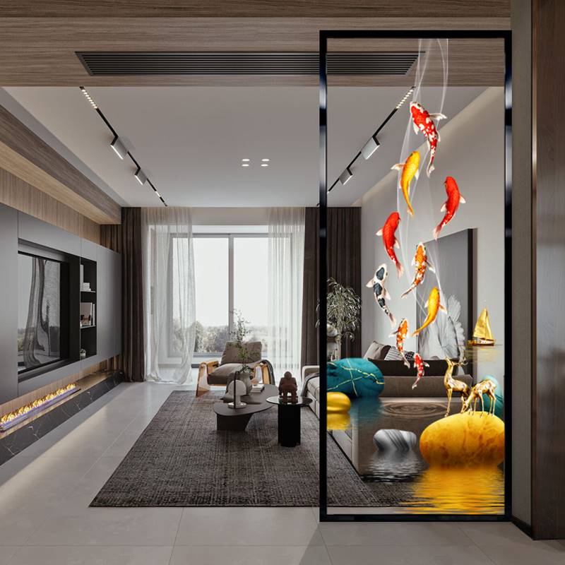 定制新中式轻奢艺术玻璃屏风隔断客厅入户玄关简约遮挡彩绘九鱼图