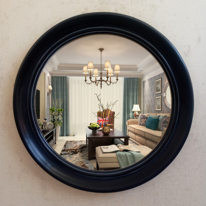 欧式浴室镜美式卫浴中式现代装饰复古黑色圆形玄关镜壁挂化妆镜子