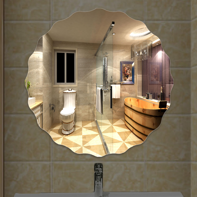免打孔浴室镜卫生间圆形镜子粘贴化妆镜自粘贴墙波浪边挂墙梳妆镜