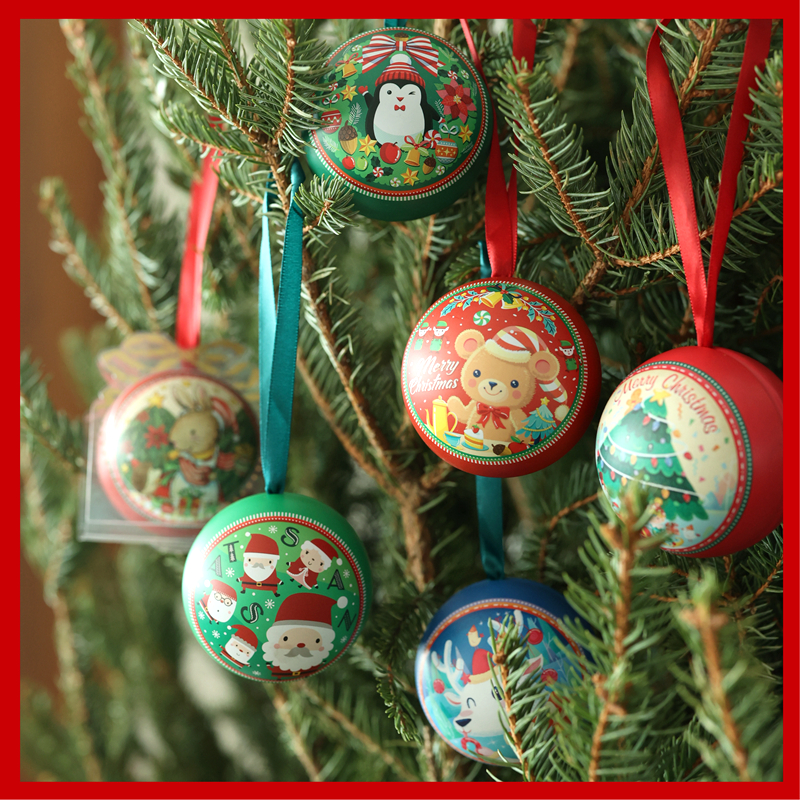 圣诞节礼物小礼品糖果盒子精灵球圆球形铁盒创意包装圣诞树装饰红