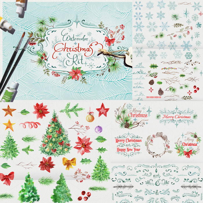 A1772矢量唯美水彩风格圣诞节快乐雪花松树花纹 AI设计素材+PSD