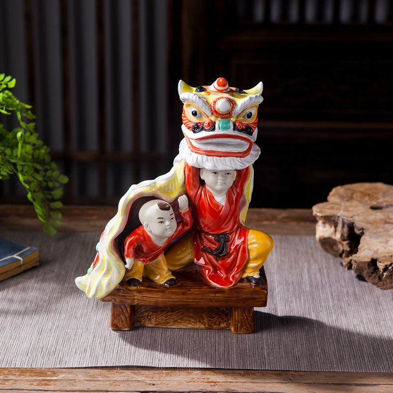 美吔传统舞狮动作采青新中式家装饰品古典复古景德镇陶瓷工艺品