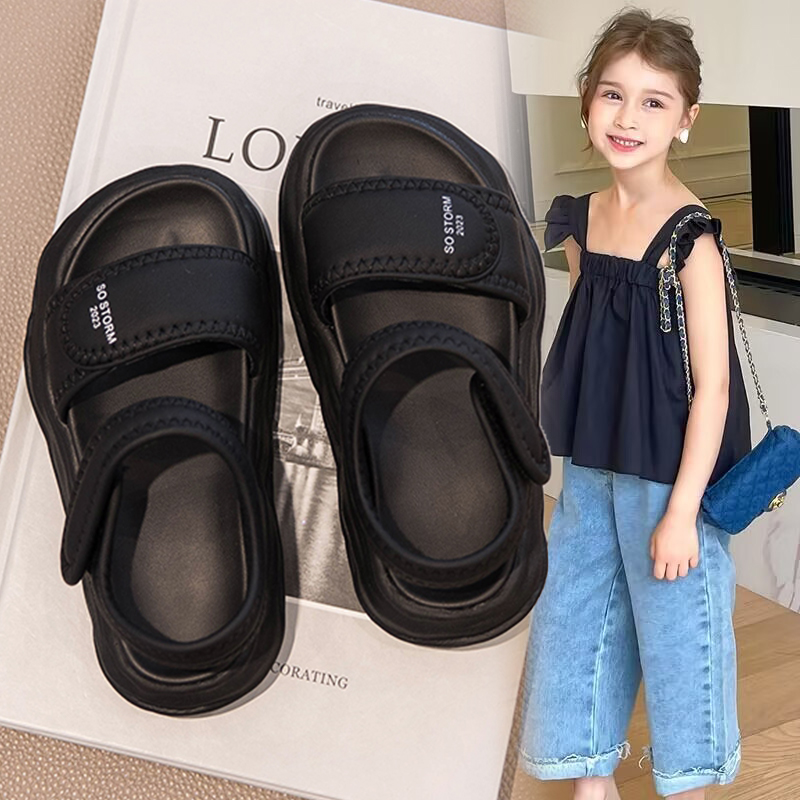 女童夏季凉鞋2024新款黑色耐脏儿童凉拖鞋小童女孩防滑软底沙滩鞋