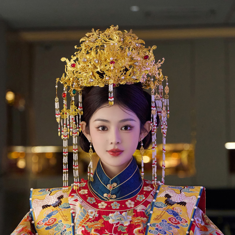 中式大凤冠金色流苏大气古典古装发饰品造型汉服婚礼华丽新娘头饰