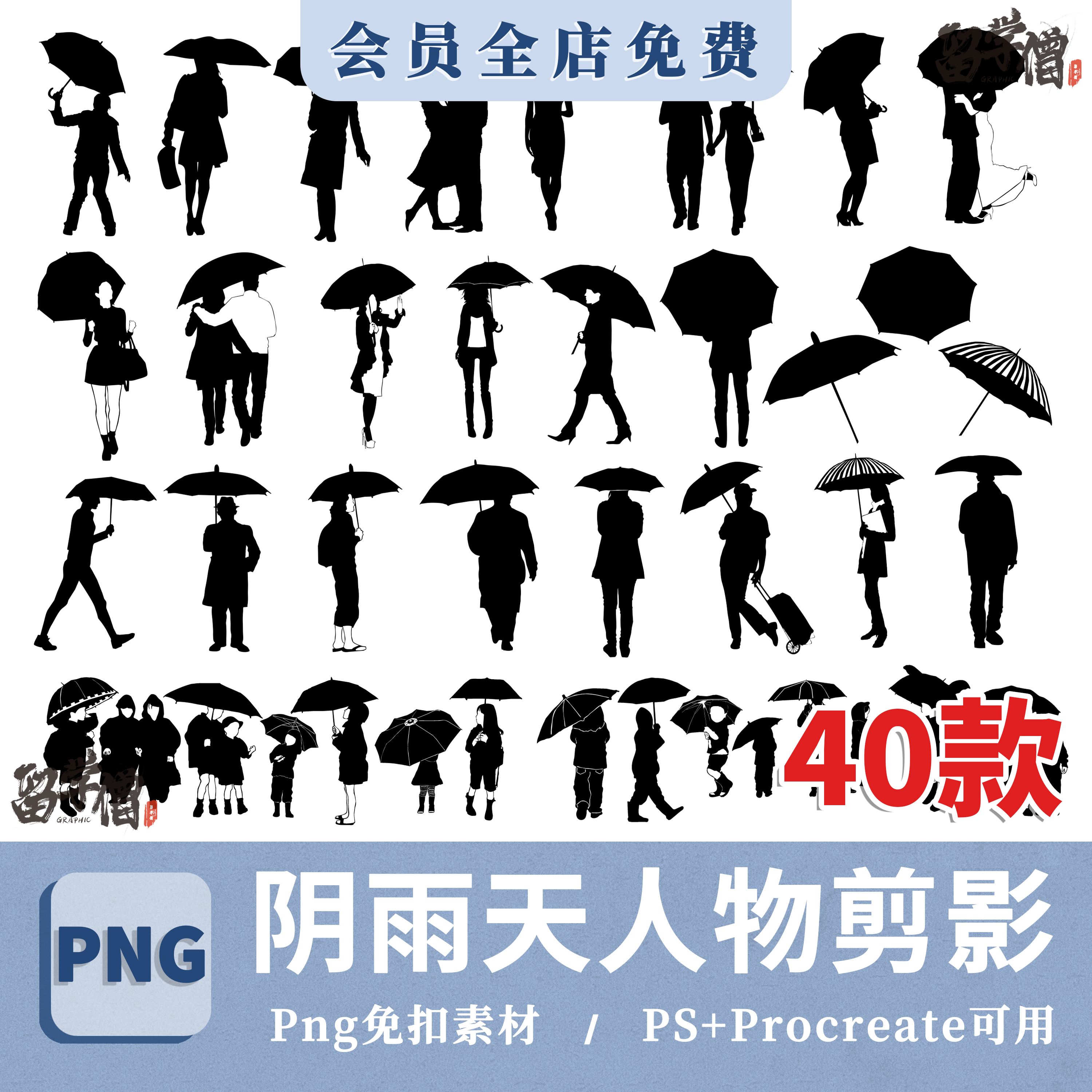 阴雨天人物拼贴素材PNG格式艺术插画剪影PSD文件撑伞人物儿童人物