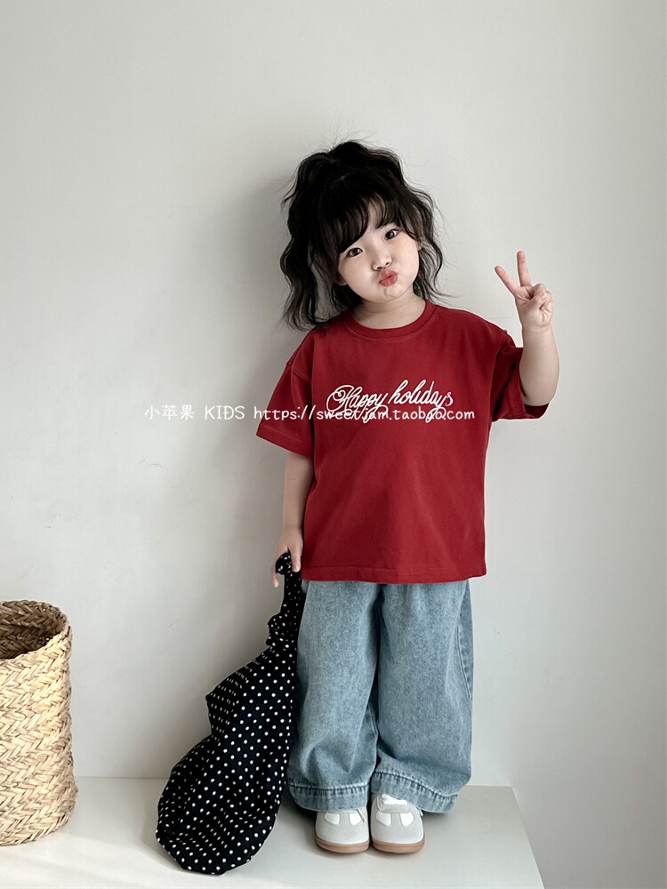 小苹果2024春夏韩国版男女童宝宝百搭红色字母短袖T恤儿童打底衫