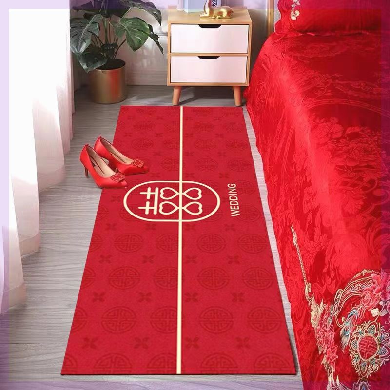 新款结婚喜字地毯红色中国风地垫婚房装饰卧室床边毯家用入户门脚