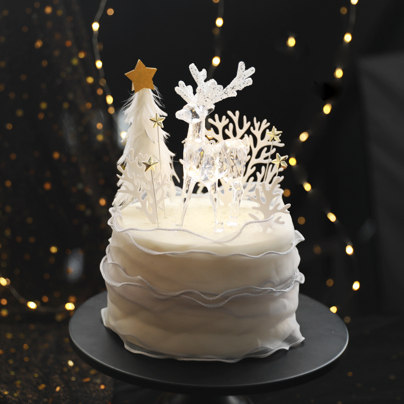 烘焙蛋糕装饰摆件网红水晶麋鹿唯美圣诞树生日雪花插牌丝带纱围边