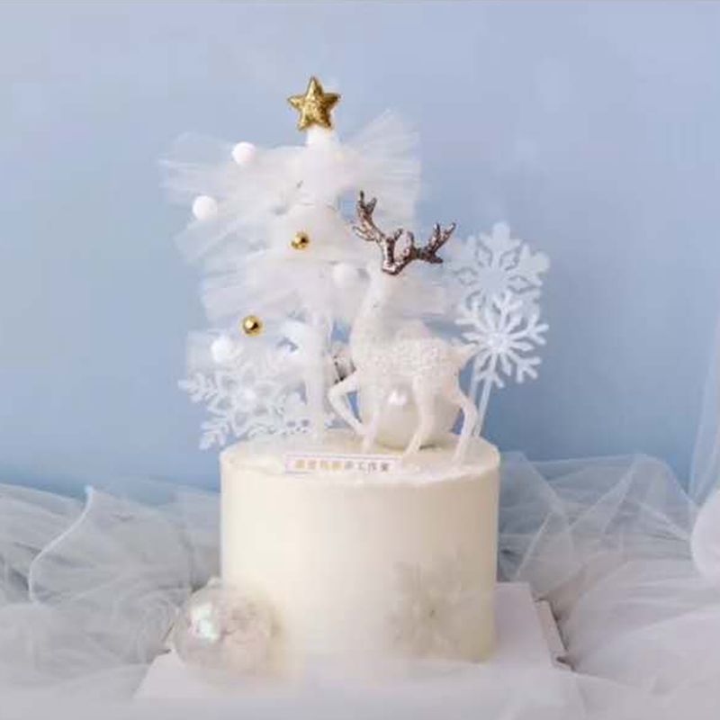 水晶鹿蛋糕装饰摆件 唯美星星网纱树 圣诞节麋鹿雪花生日烘焙插件