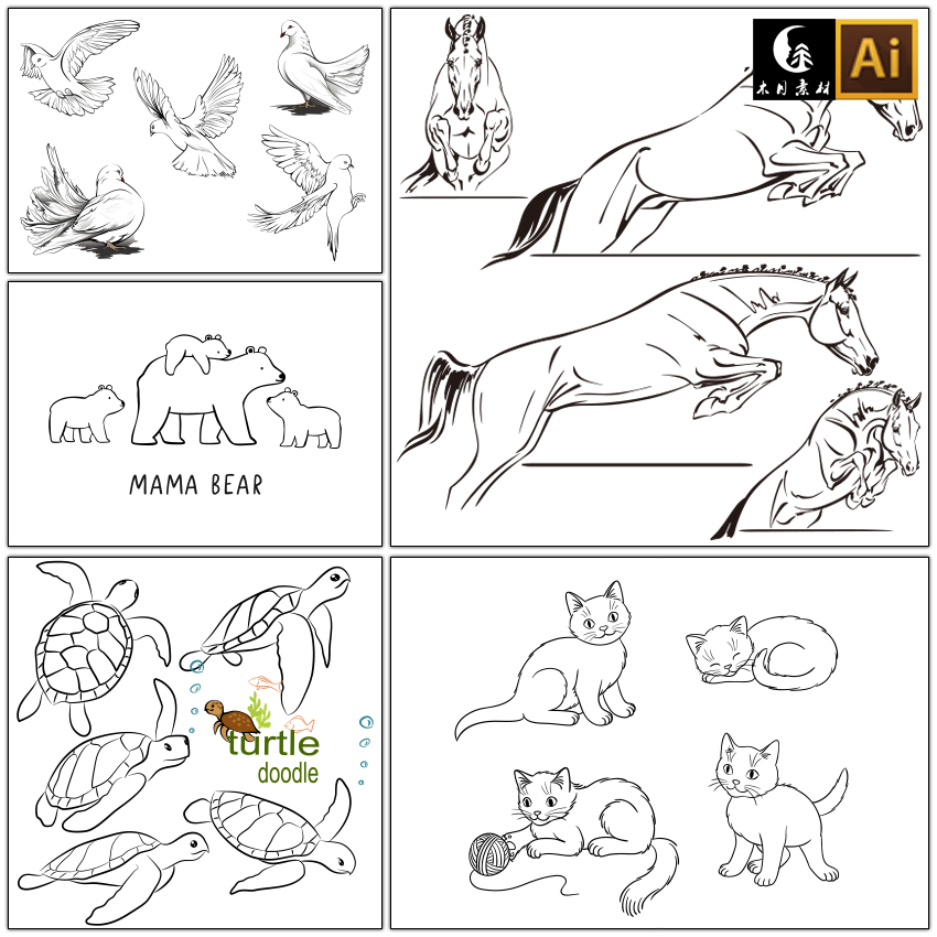 手绘极简单素描线描线条卡通动物草图绘画矢量图片设计素材
