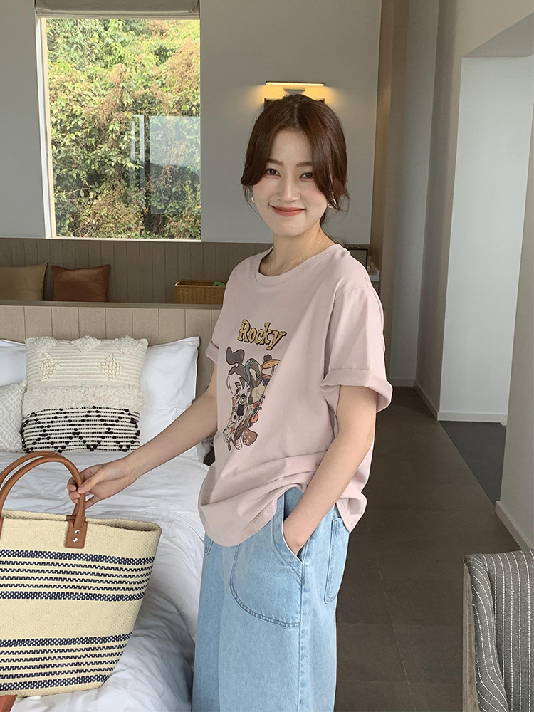 anna 韩系藕粉色短袖t恤女夏季新款可爱卡通印花纯棉T恤宽松洋气T
