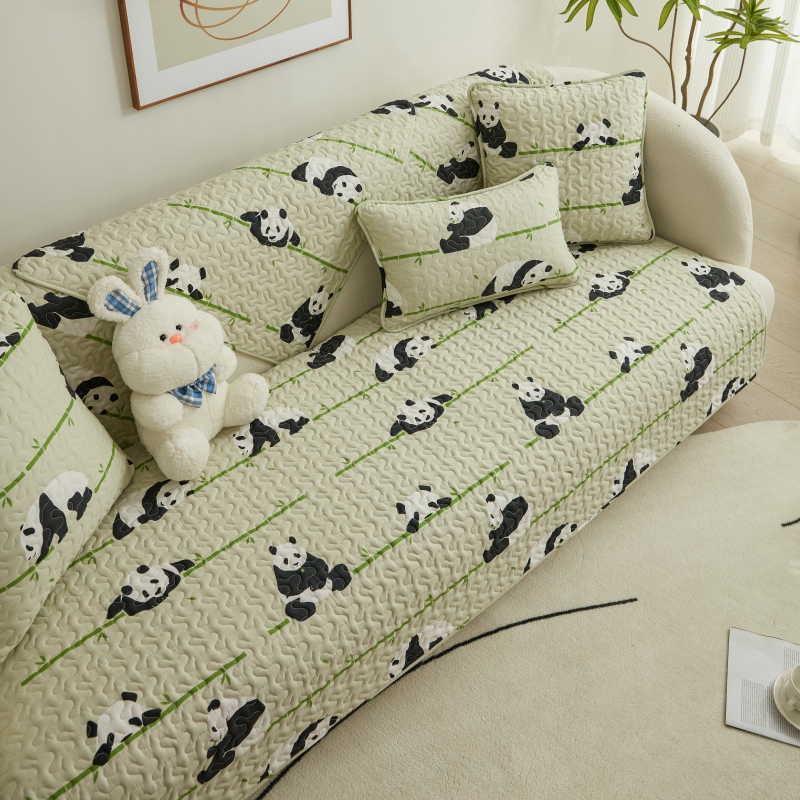 纯棉斜纹面料沙发垫四季通用熊猫图案可爱夹棉加厚靠背巾罩卡通盖
