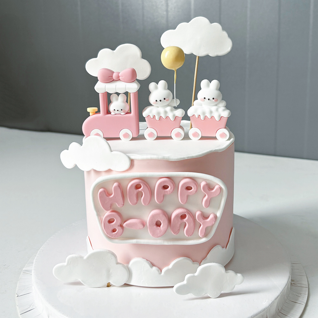 网红烘焙蛋糕装饰摆件卡通粉色兔子小火车白云可爱女宝宝生日插件