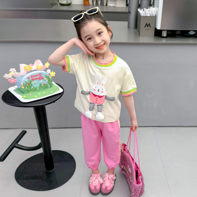 女童夏装洋气套装韩版2024新款儿童卡通时尚两件套宝宝运动潮衣夏