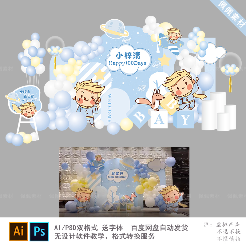 浅蓝色小王子主题宝宝宴周岁生日气球派对布置背景PS/AI设计素材
