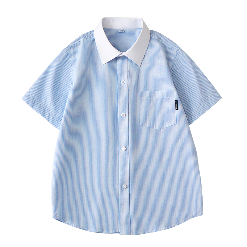 儿童中小学生校服衬衫短袖夏季学院风男童女童蓝色条纹衬衣薄纯棉