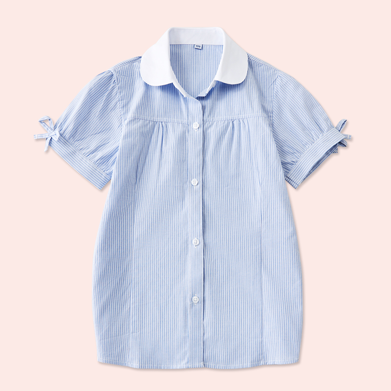 儿童浅蓝色衬衫夏季薄款女童条纹短袖衬衣女孩小学生演出校服纯棉