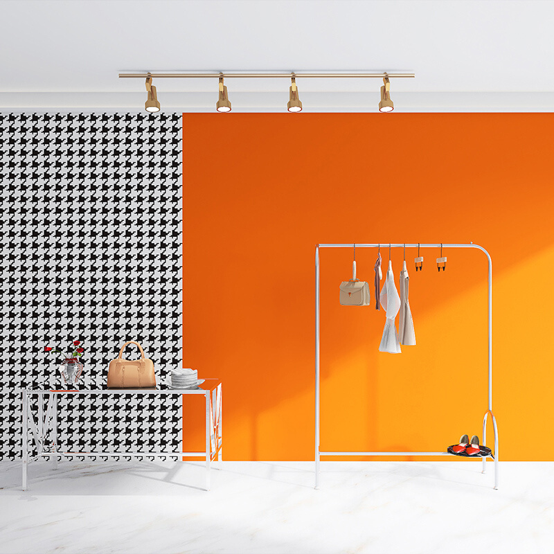 橙色千鸟格3d拼色墙纸轻奢服装店装饰壁布卧室客厅沙发背景墙壁纸