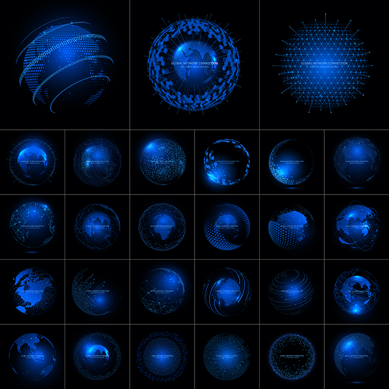 Q40蓝色动感科技数字地球星球晶体粒子几何线条AI矢量设计素材