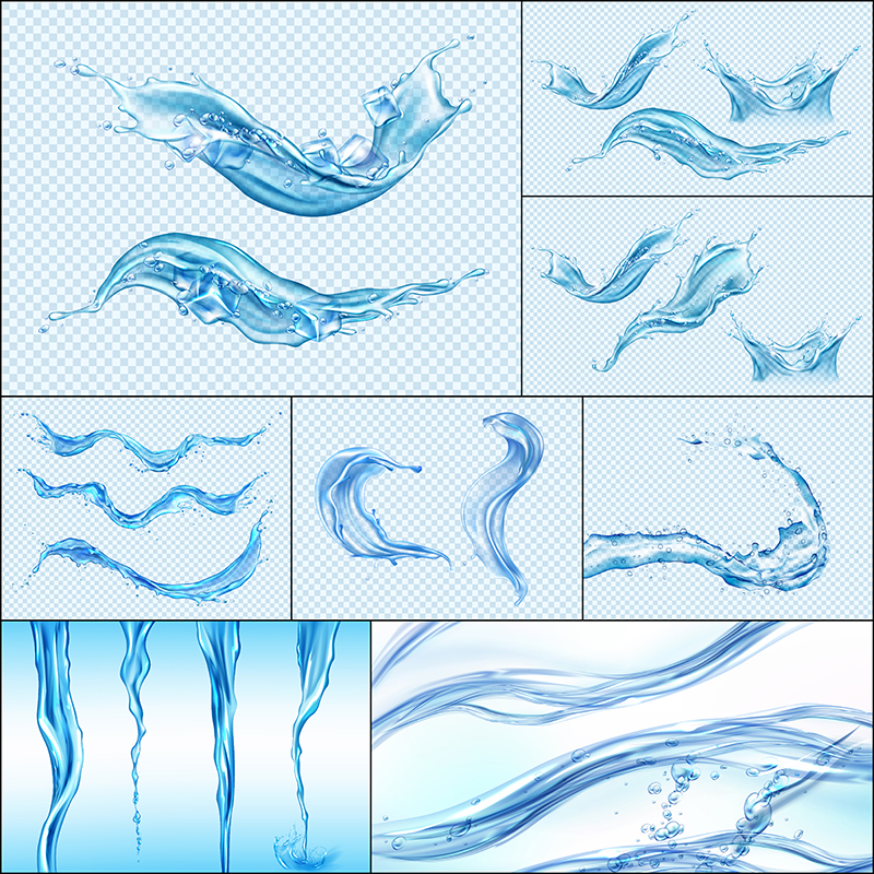 W25水珠水滴水花波浪波纹透明液体蓝色背景AI格式矢量设计素材