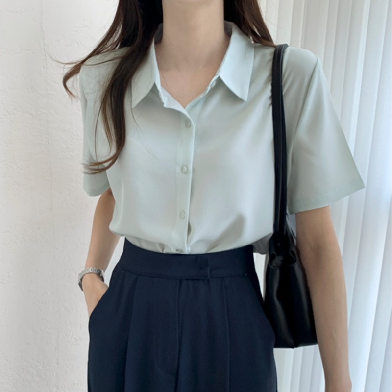 韩国chic夏季新款简约纯色法式小众高级感翻领短袖雪纺衬衫上衣女