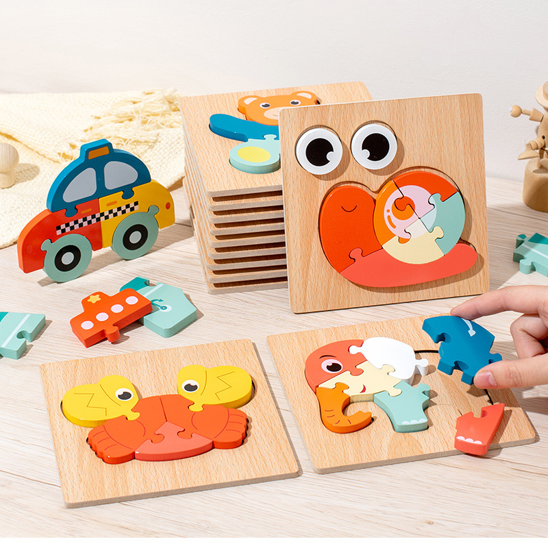 木质早教认知儿童益智玩具积木制动物交通形状配对3d立体拼图