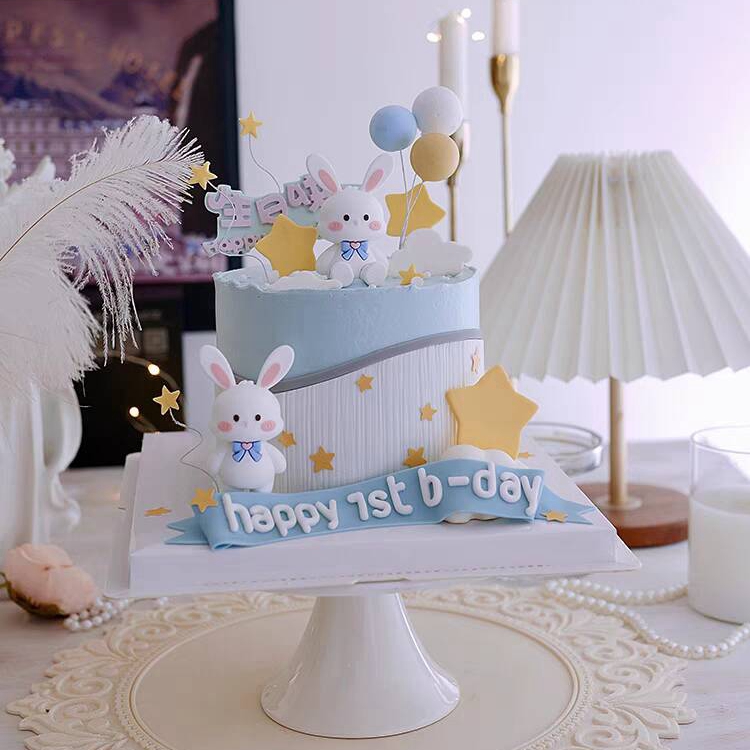 长耳朵小兔子蛋糕装饰宝宝一周岁1岁卡通领结绅士男孩兔插件插牌