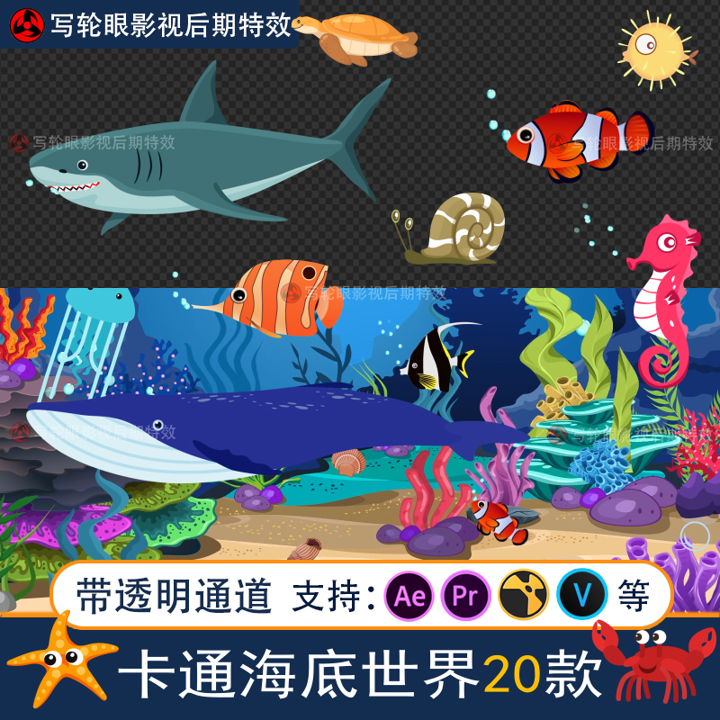 卡通海底世界视频素材鲸鱼螃蟹鲨鱼海星马乌鱼MG动画MOV透明通道