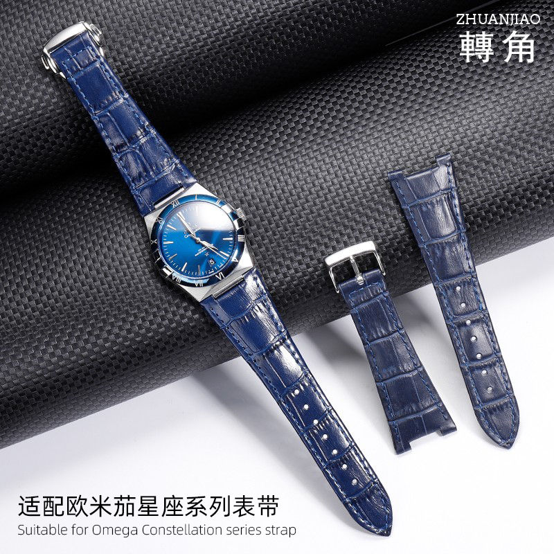 适配欧米茄星座系列表带131.13至臻天文台蓝色凹口真皮手表带24mm