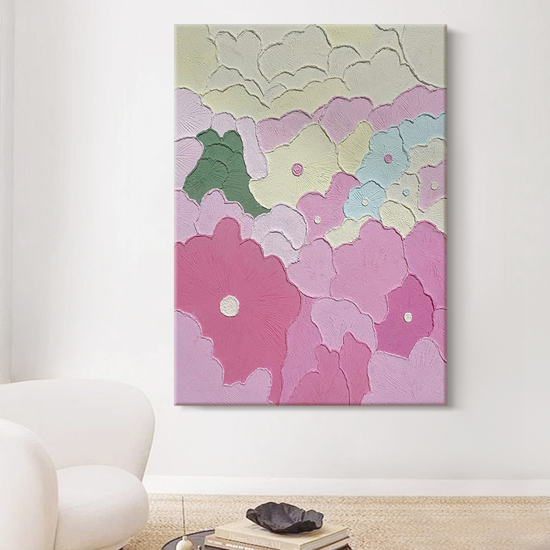 奶油风花卉肌理手绘油画简约粉色客厅卧室装饰画抽象艺术玄关挂画