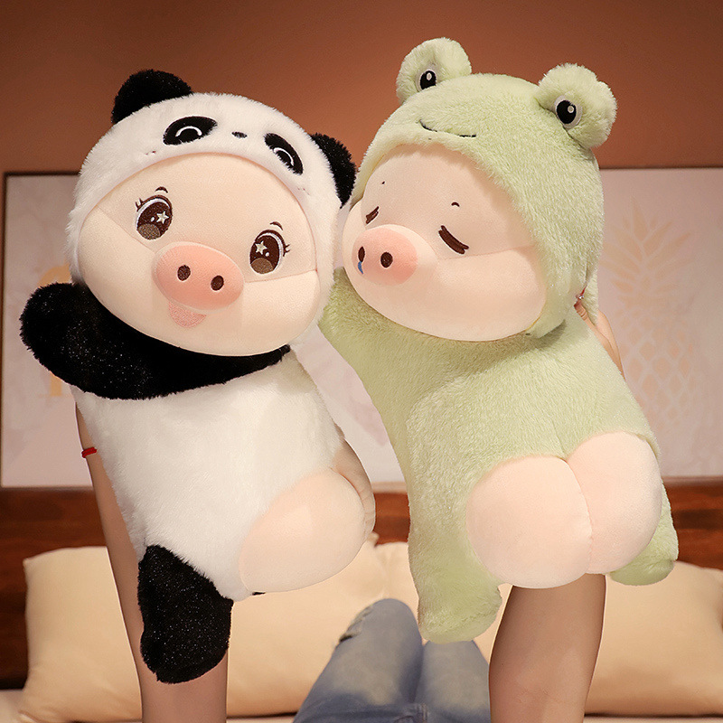 新款卡通带帽猪公仔玩偶床头沙发超萌趴趴猪变身熊猫青蛙毛绒玩具