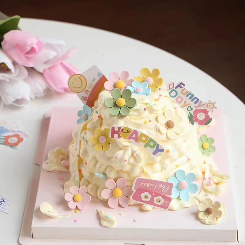 网红ins风春游彩色小花蛋糕装饰插件春游户外蛋糕盒小花奶油蛋糕