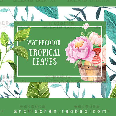 水彩手绘绿色叶子花盆栽婚礼卡片海报psd+PNG设计素材