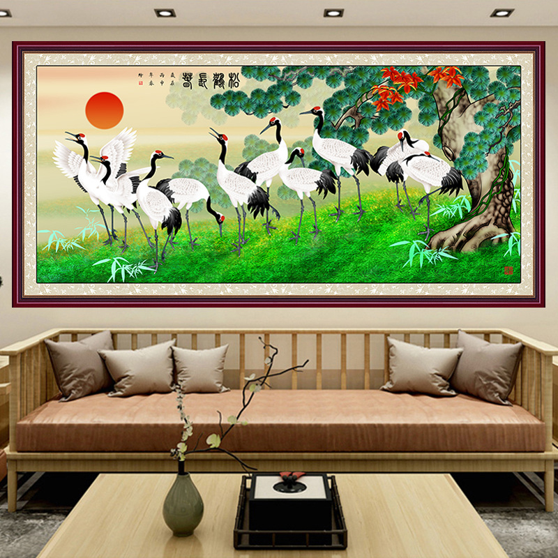 松鹤延年中堂画中式客厅装饰画供桌背景墙仙鹤图壁画自粘壁布贴画