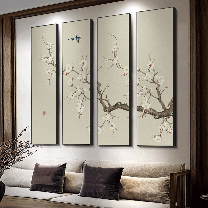 新中式古风客厅沙发背景墙装饰画四联大气茶室办公室挂画中堂壁画