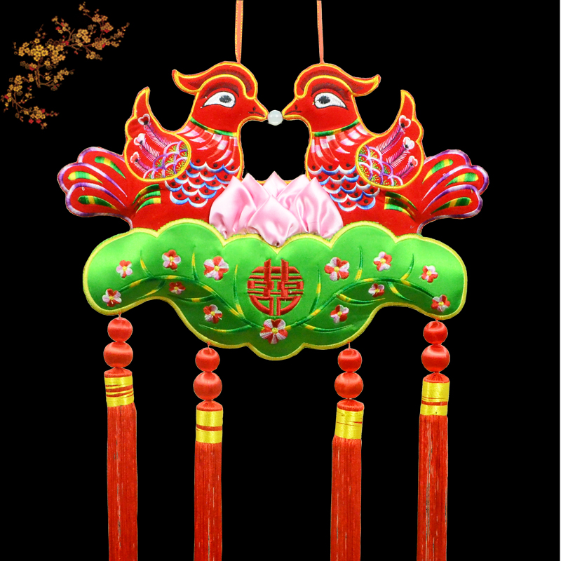 纯手工布艺刺绣鸳鸯戏莲装饰挂件中国风小礼品民族特色手工艺品